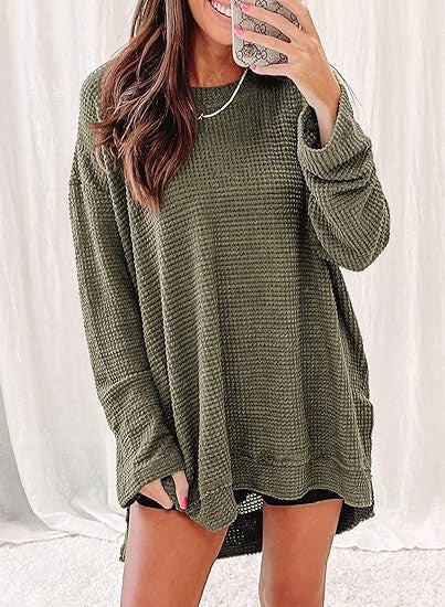 Oversized Waffle Knit Crew Neck Side Slit Long Sleeve Tunic