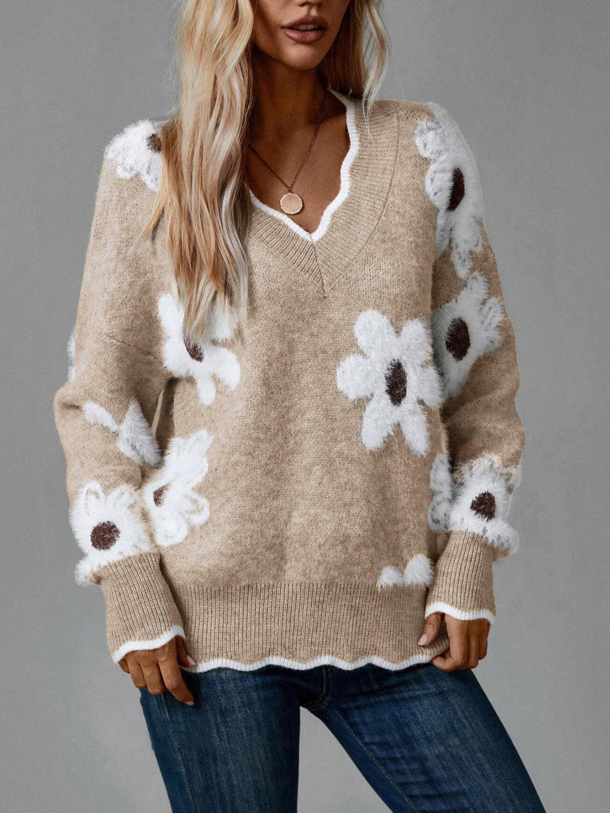 Women's V Neck Floral Fuzzy Pullover Sweater