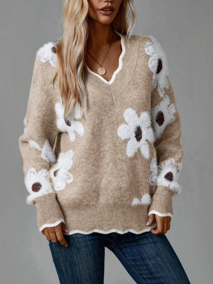 Women's V Neck Floral Fuzzy Pullover Sweater
