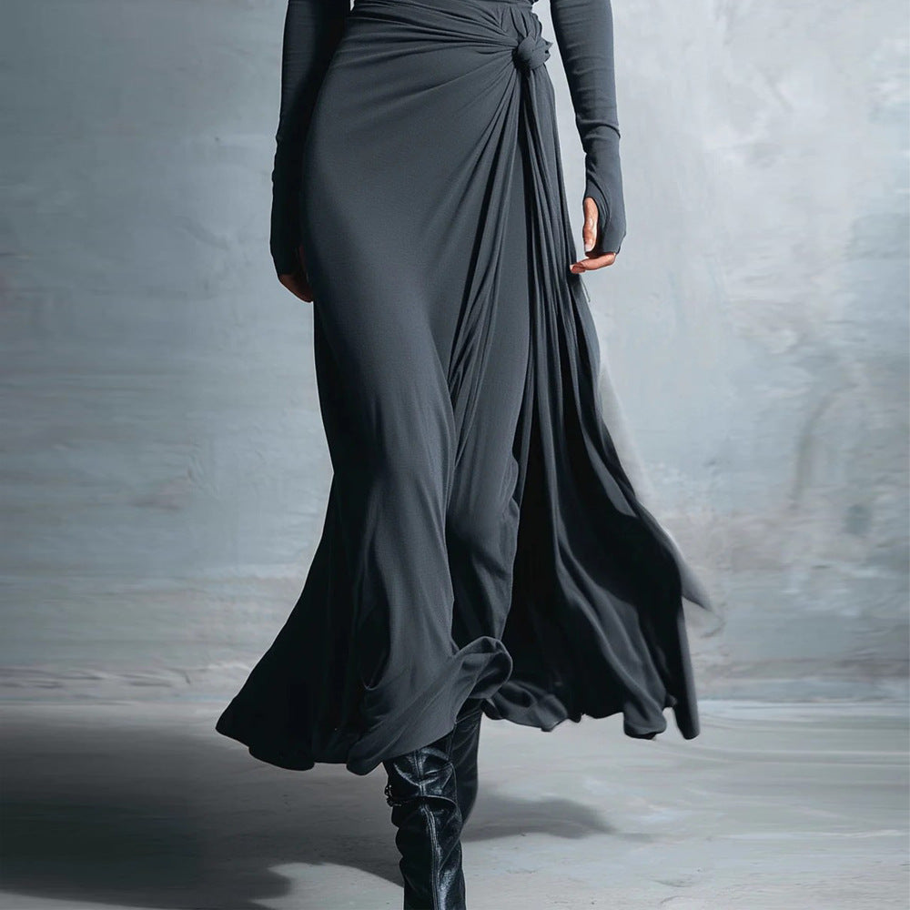 Women's Long Sleeve Knot Waist Maxi Dress A-Line
