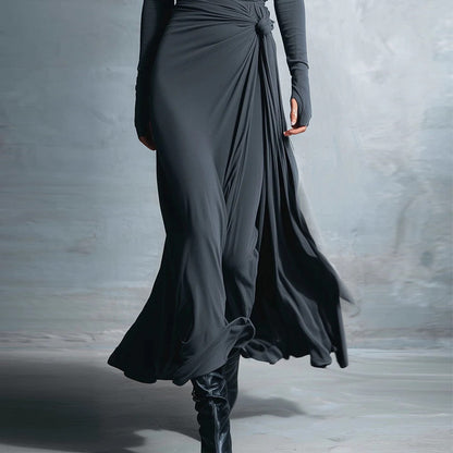 Women's Long Sleeve Knot Waist Maxi Dress A-Line