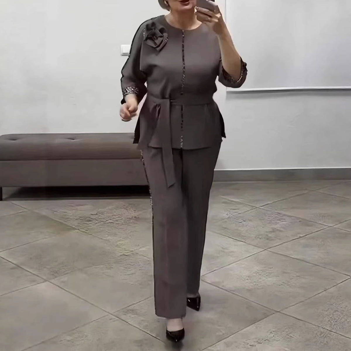 Women's Elegant Belted 2-Piece Floral Pant Set
