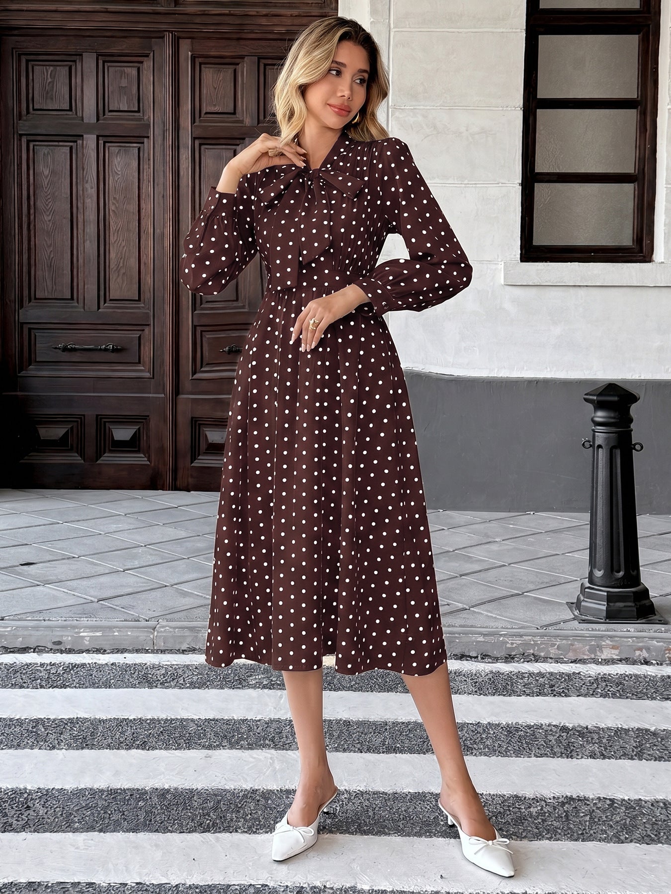 Polka Dot Bow Tie Long Sleeve A-Line Midi Dress