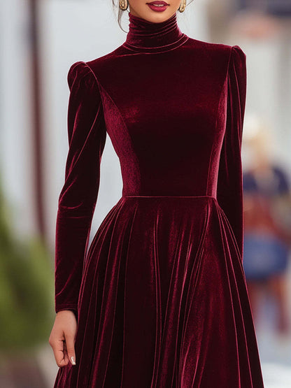 Elegant Velvet Turtleneck Long Sleeve Maxi Dress