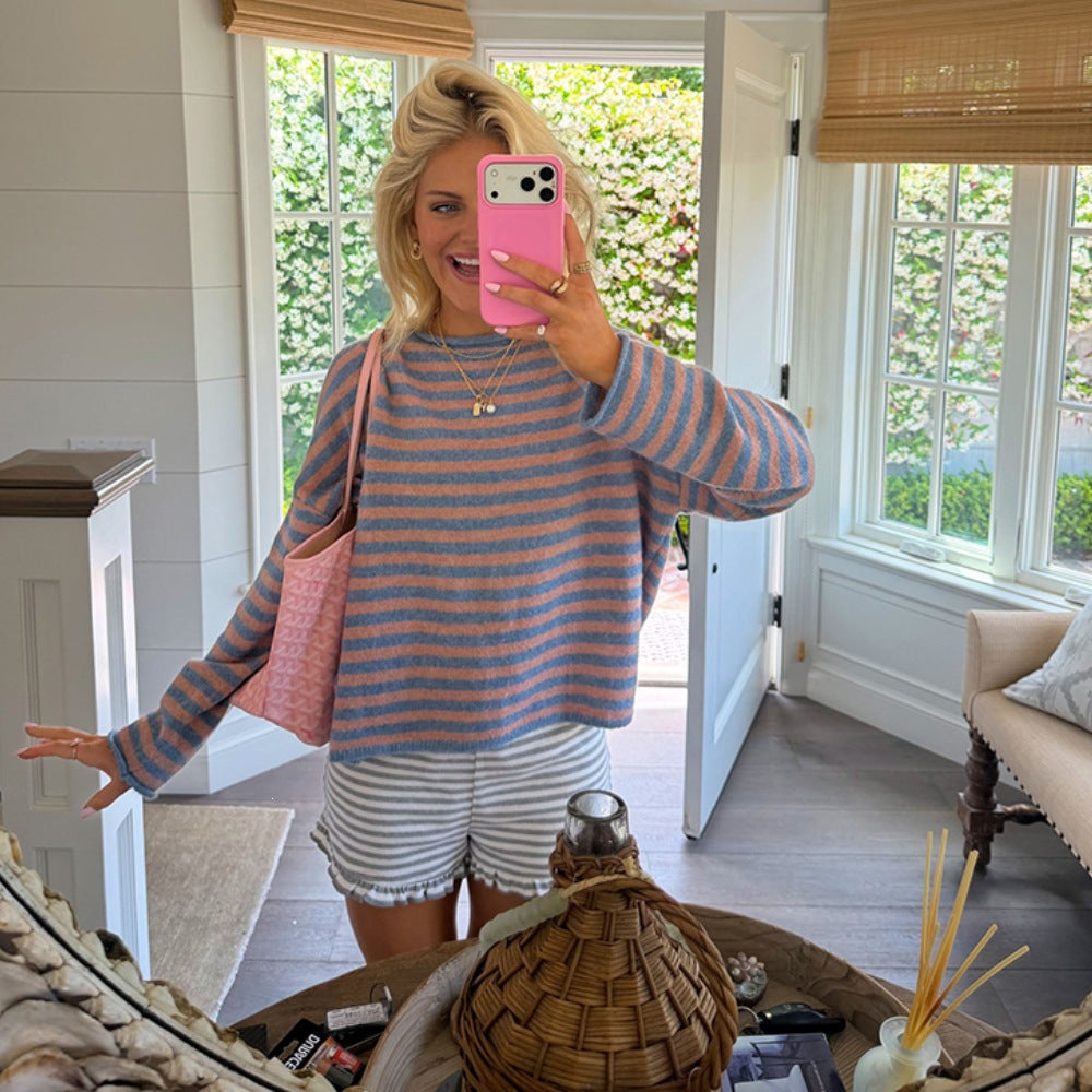 Oversized Striped Crewneck Sweater Women Pullover