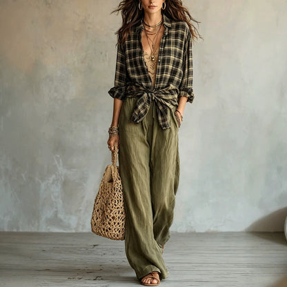 Women's Plaid Shirt & Wide Leg Pants Matching Set