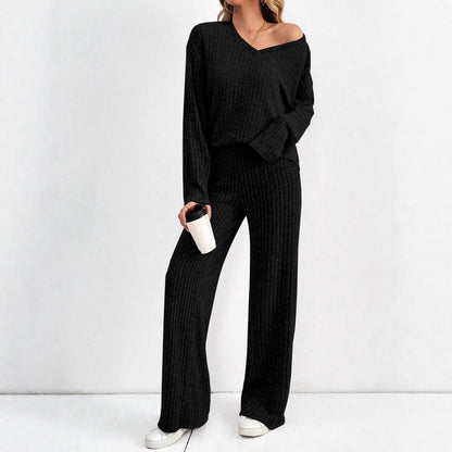 Women's Ribbed Knit V-Neck Top & Pants Two Piece Set