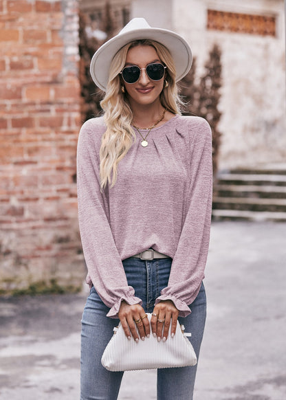 Round Neck Pleated Long Sleeve Brushed Knit Top
