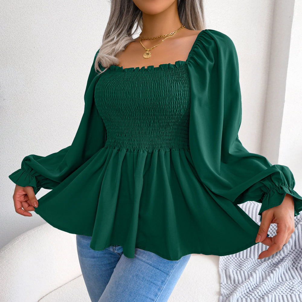 Smocked Square Neck Bell Sleeve Ruffle Peplum Top