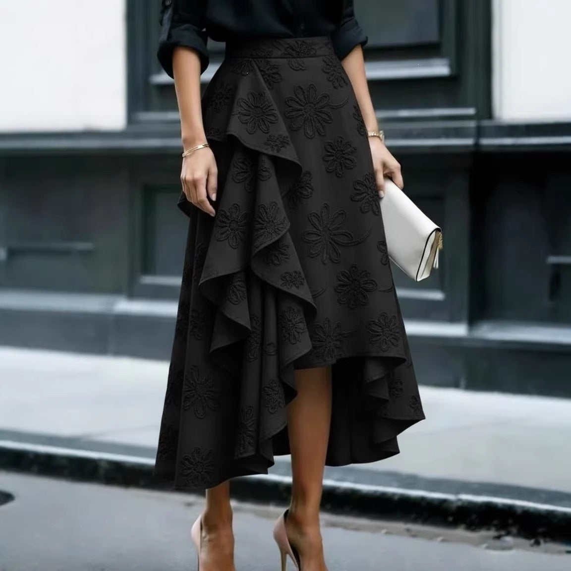 Women's Floral Asymmetrical Ruffle Midi Skirt