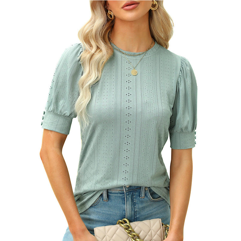 Eyelet Puff Sleeve Short Sleeve Casual Blouse Top