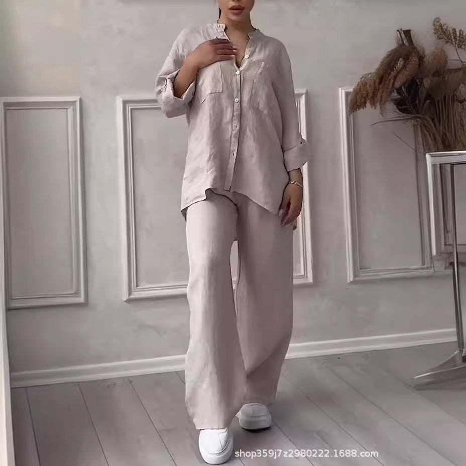 Women's Linen Shirt and Wide Leg Pants Matching Set