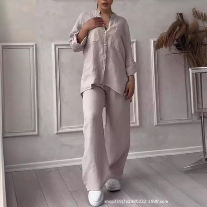 Women's Linen Shirt and Wide Leg Pants Matching Set