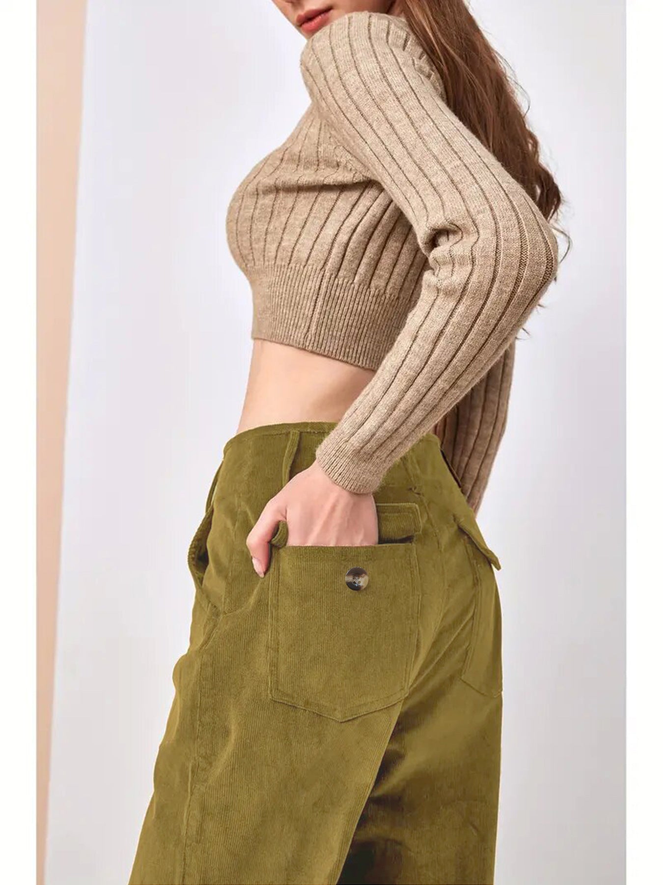 High Waist Corduroy Wide Leg Pants with Pockets