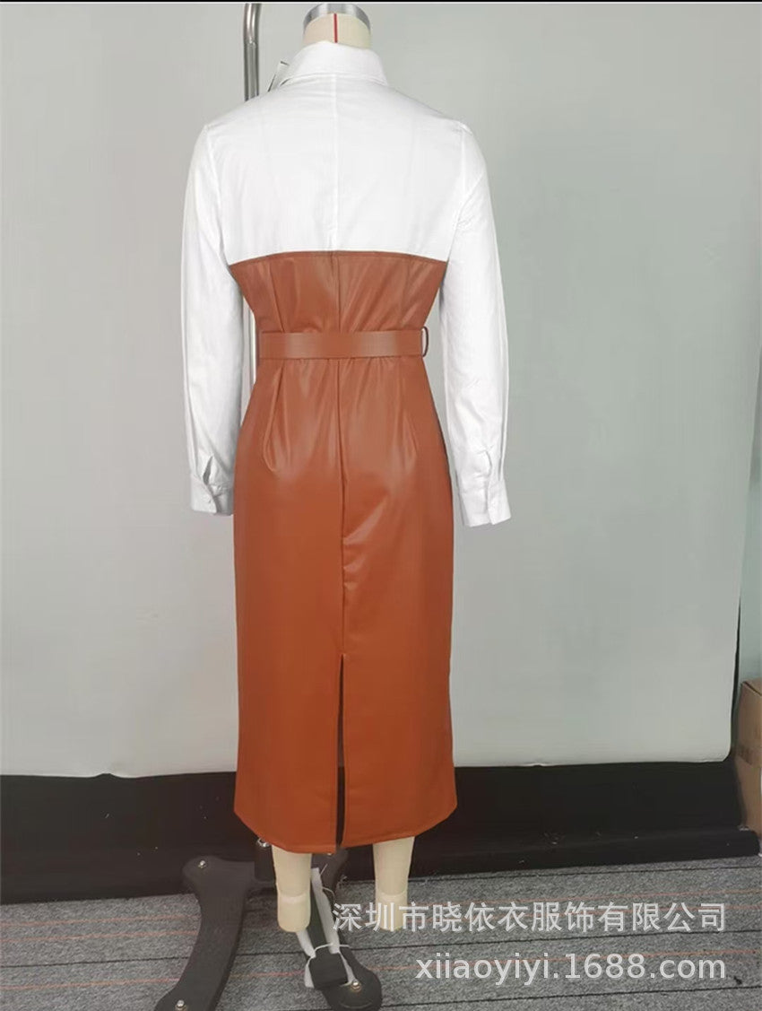 Color Block Faux Leather Belted Shirt Dress Midi