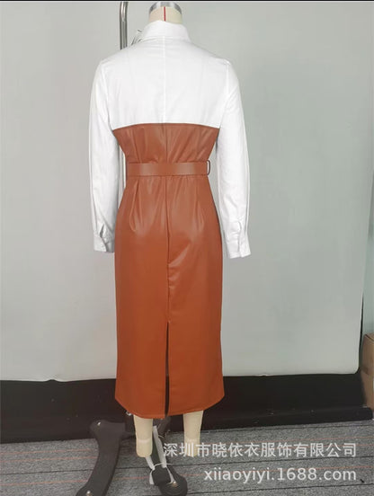 Color Block Faux Leather Belted Shirt Dress Midi
