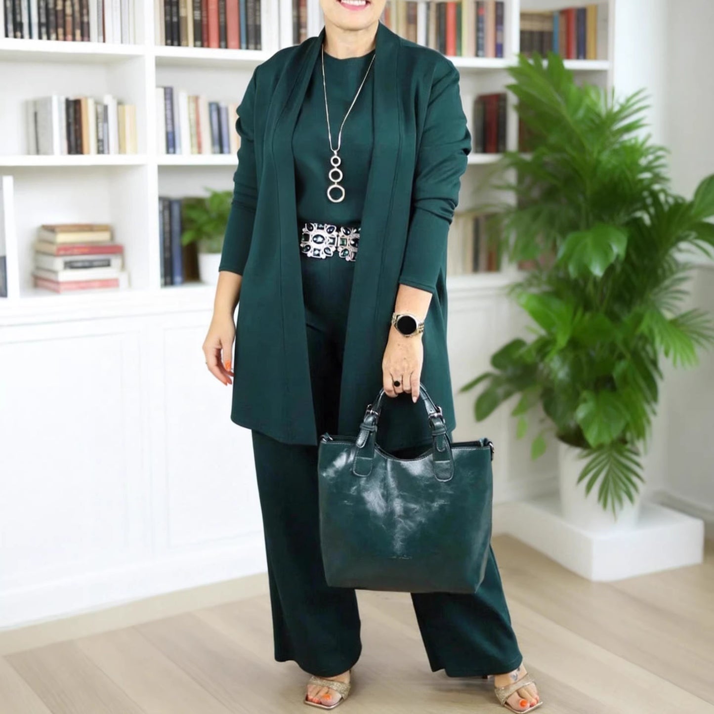 Women 3 Piece Solid Knit Lounge Set Cardigan Top Pants