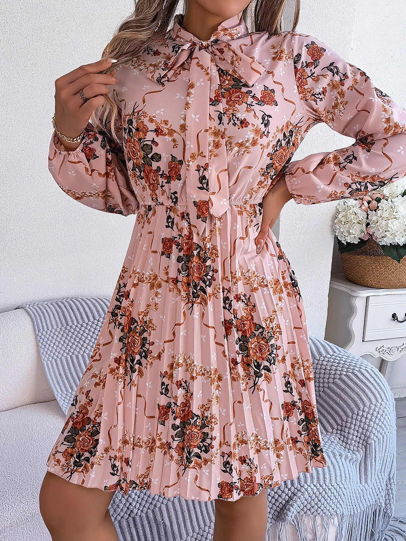 Floral Tie Neck Long Sleeve Pleated Midi Dress