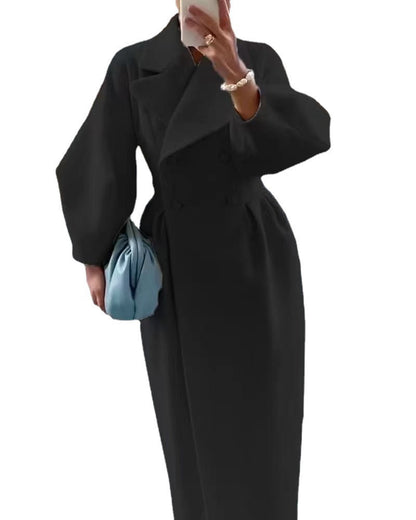 Women Wool Coat Double Breasted Balloon Sleeve Notch Lapel