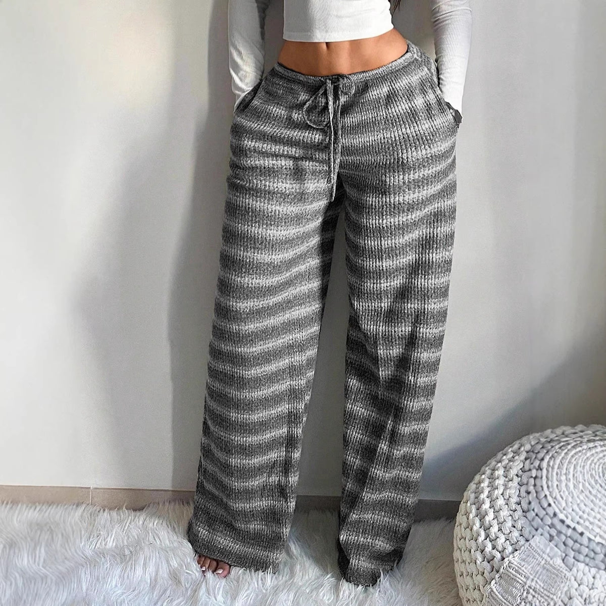 Striped Knit Wide Leg Pants Women Drawstring Casual