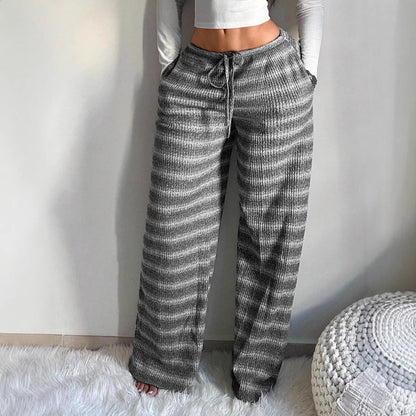 Striped Knit Wide Leg Pants Women Drawstring Casual