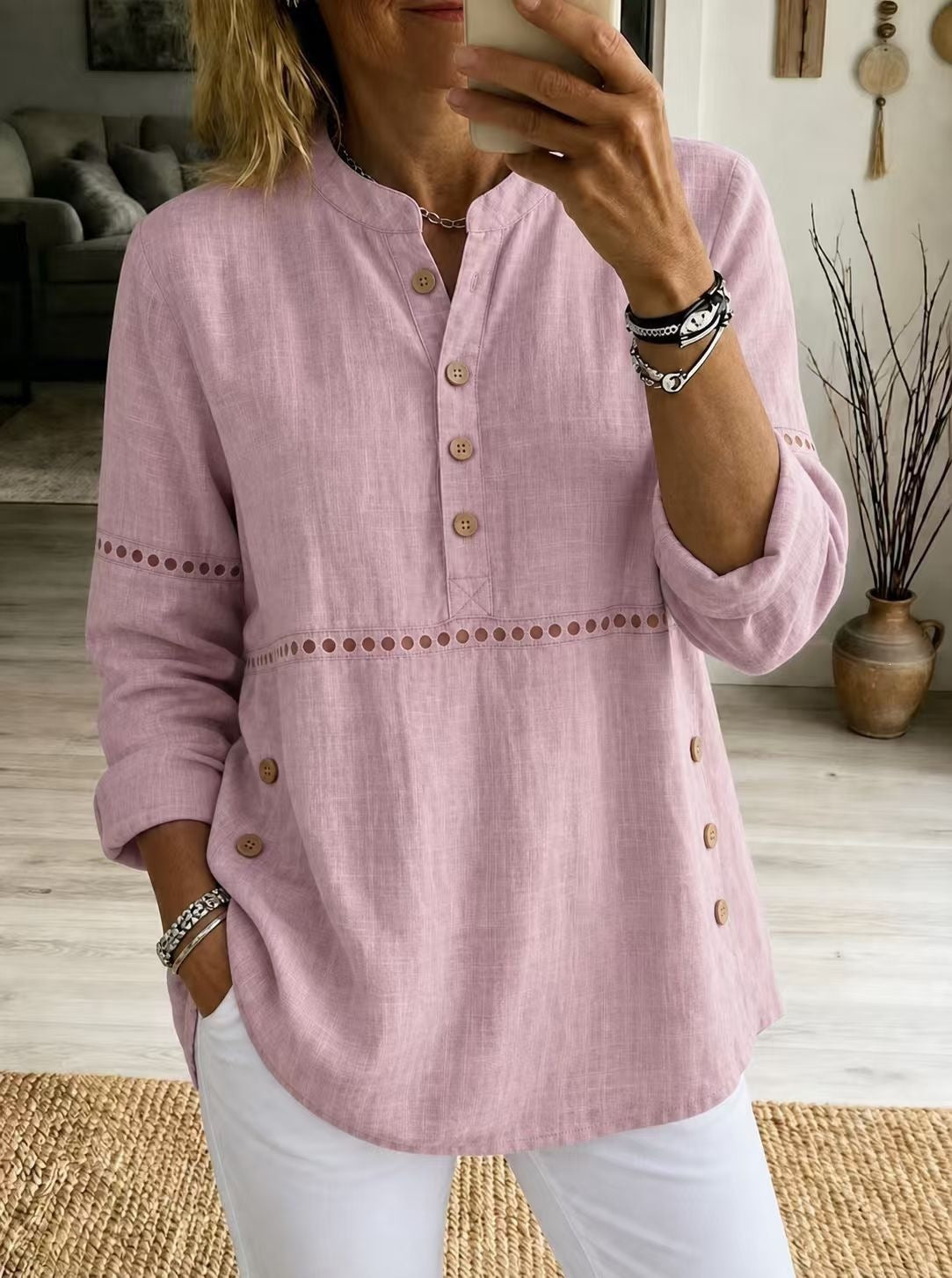Women Cotton Eyelet Tunic Long Sleeve Side Button Loose Top