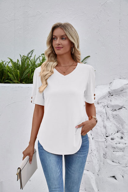 Solid Color V Neck Button Sleeve Puff Top Casual Tee