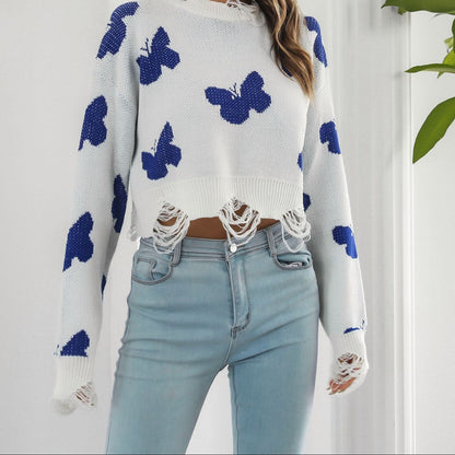 Women's Y2K Butterfly Distressed Oversized Crop Sweater