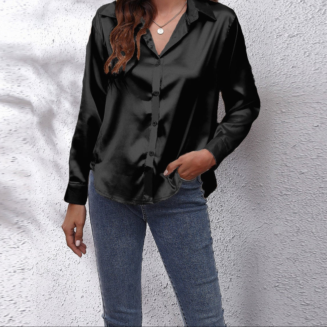 Women's Satin Long Sleeve Button Down Collared Blouse