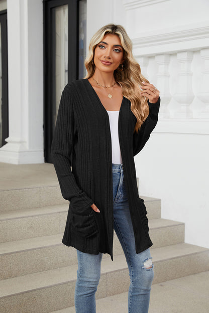 Women's Long Sleeve Ribbed Open Front Cardigan Pockets