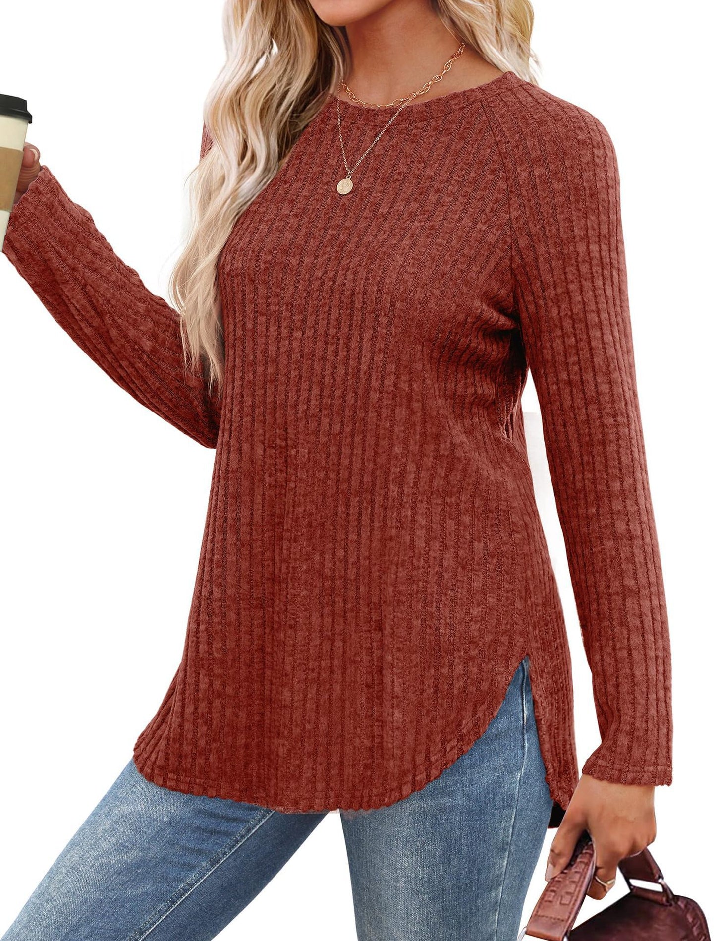 Women's Ribbed Brushed Long Sleeve Crew Neck Curved Hem Top