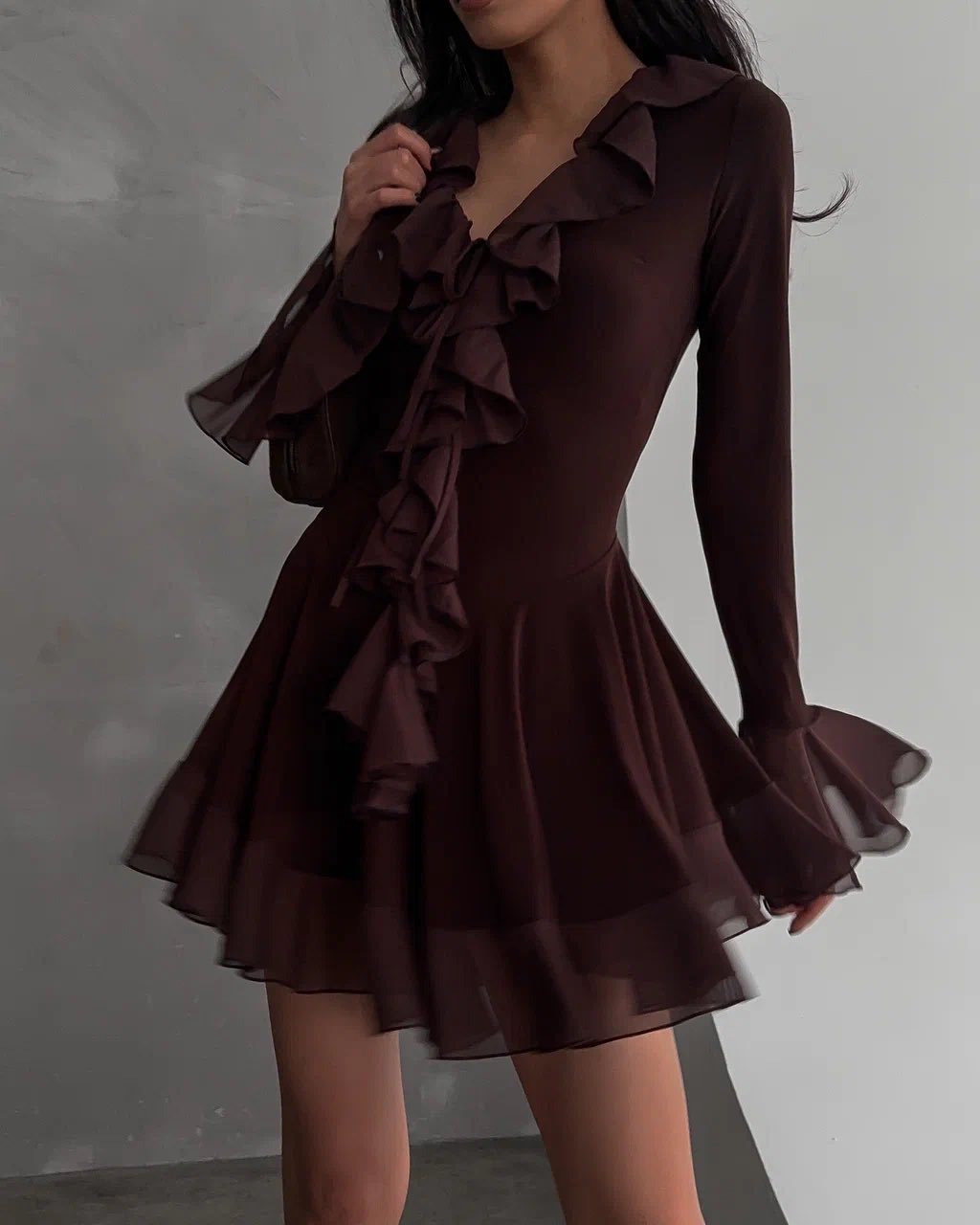 Sexy Deep V Ruffle Mesh Mini Dress Bell Sleeve Brown