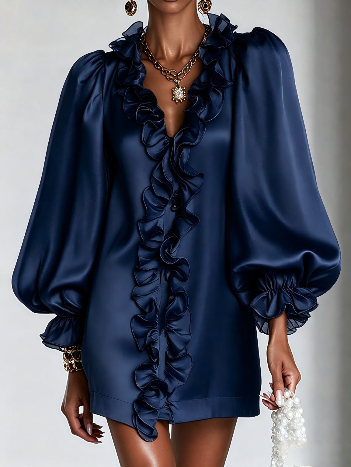 Women's Puff Sleeve Ruffle Deep V-Neck Mini Dress
