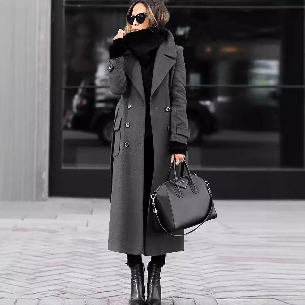Womens Long Lapel Coat Double Breasted Winter Overcoat