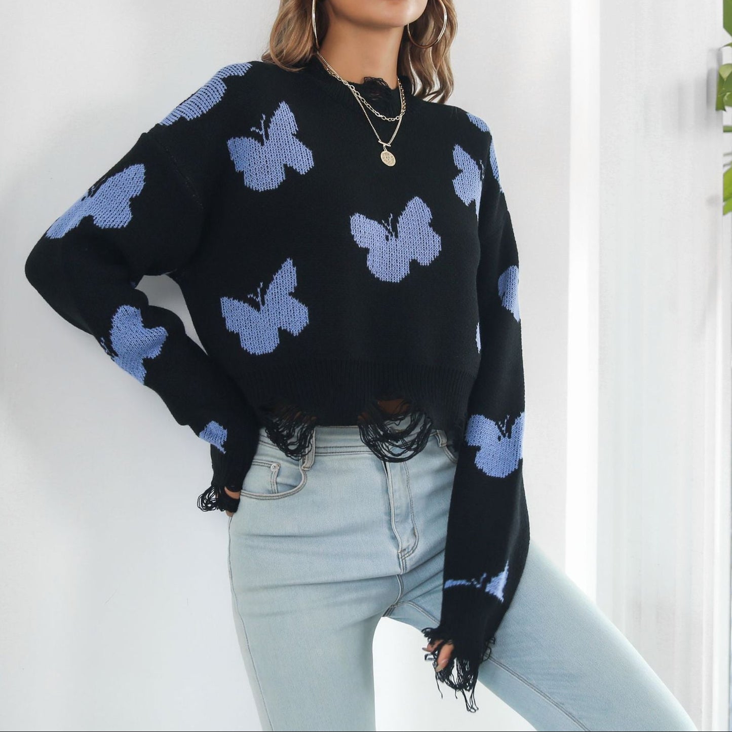 Women's Y2K Butterfly Distressed Oversized Crop Sweater