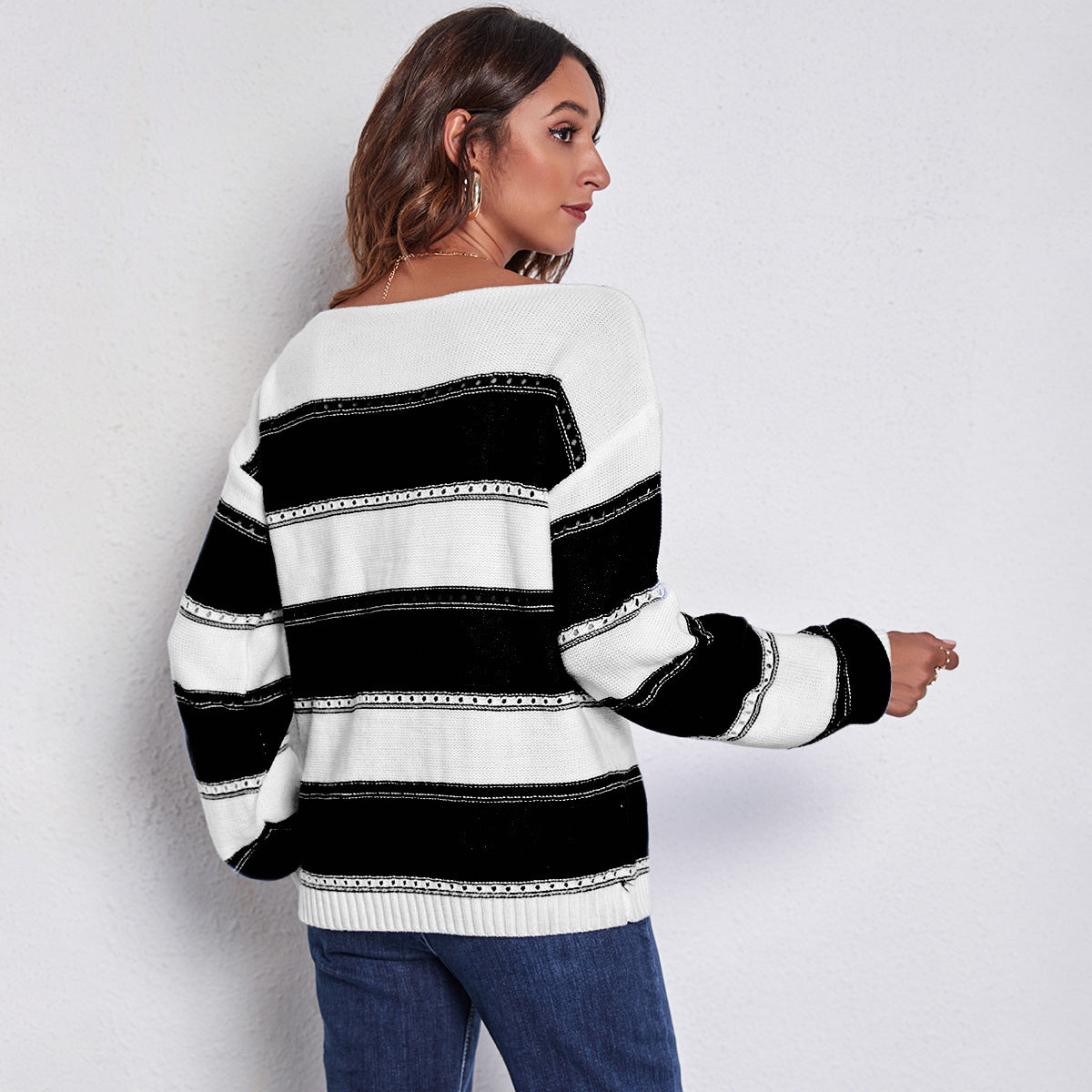 Women's Off Shoulder Striped Crochet Knit Sweater