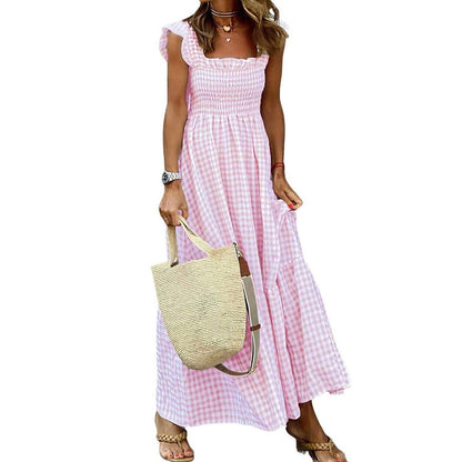 Gingham Smocked Maxi Dress Square Neck Ruffle Sleeve