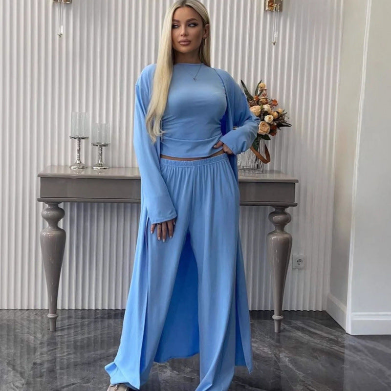 Women's 3 Piece Lounge Set Wide Leg Pants Cardigan Top