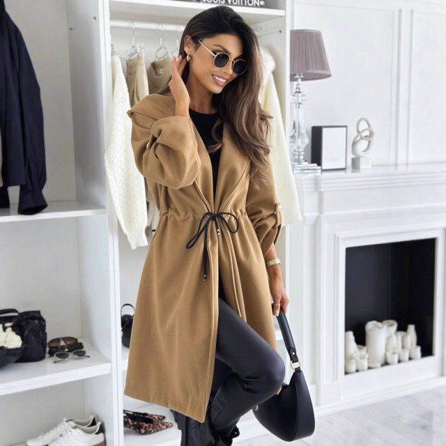 Women's Hooded Tie Waist Midi Coat Jacket