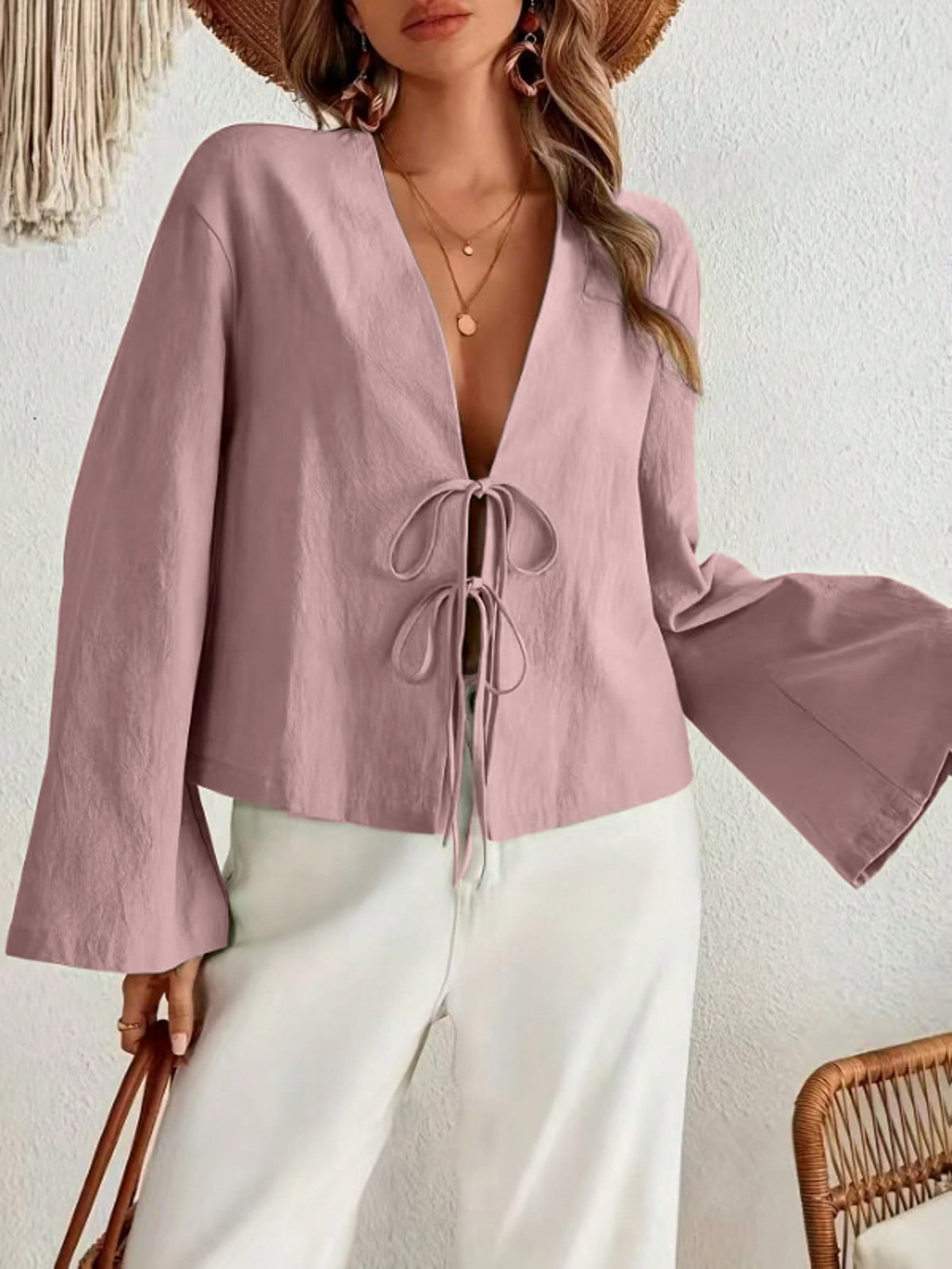 Tie Front V Neck Long Sleeve Bell Sleeve Blouse