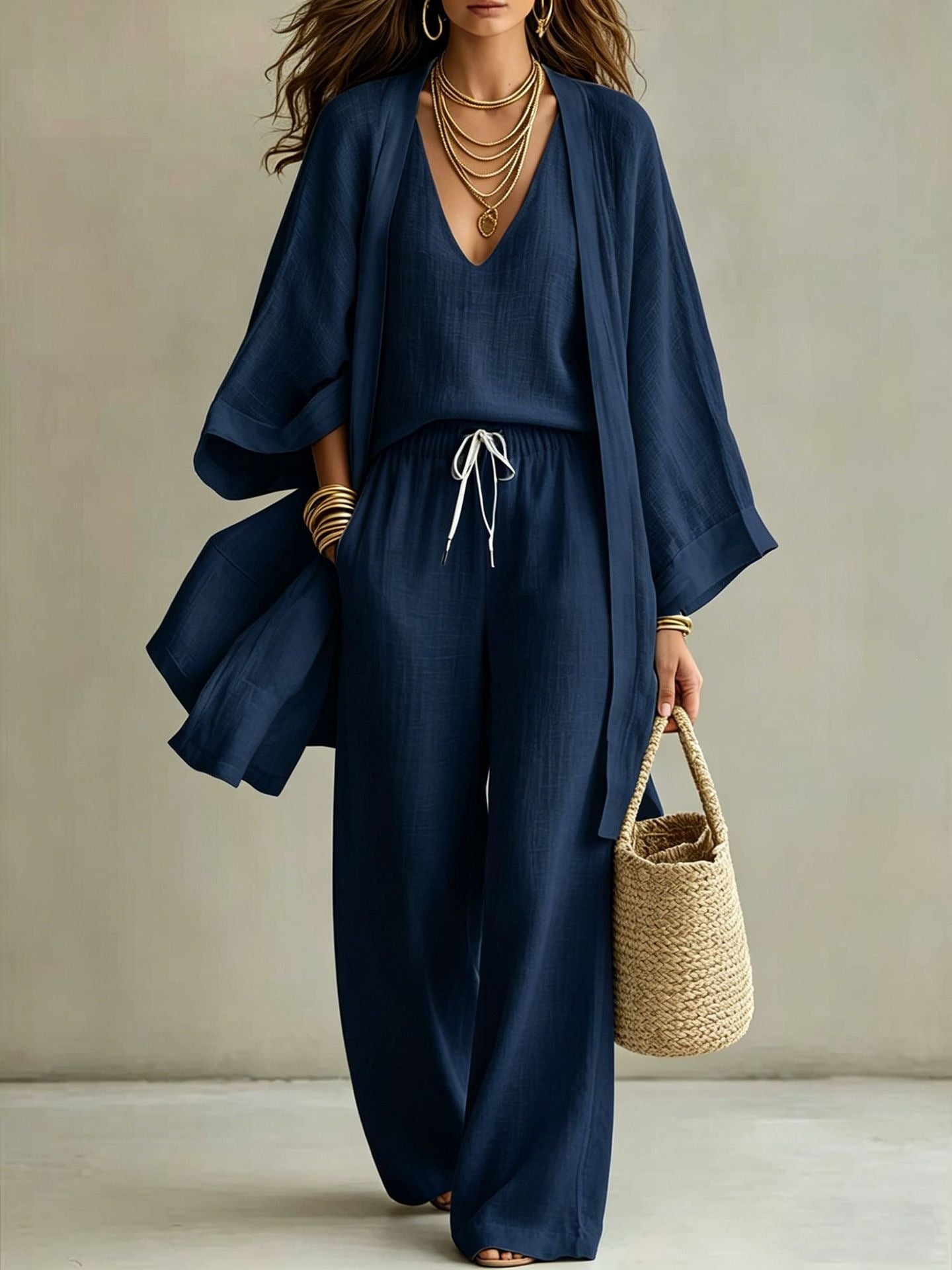 Women's 3 Piece Matching Set Wide Leg Pants Cardigan