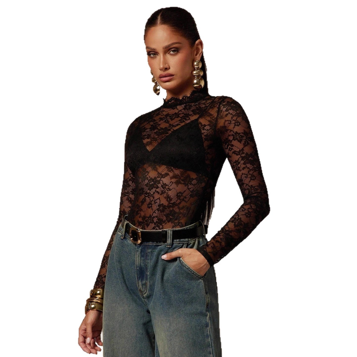 Black Floral Lace Bodysuit Sheer Mesh Mock Neck Top