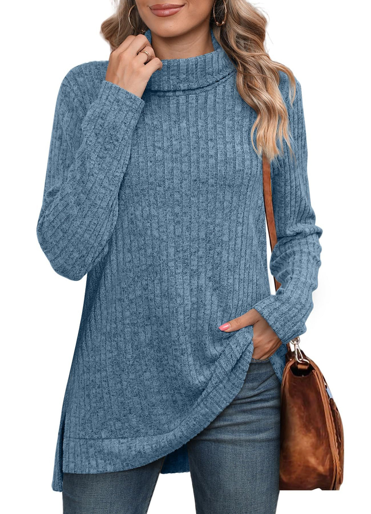 Women's Oversized Cowl Neck Long Sleeve Side Slit Tunic Top