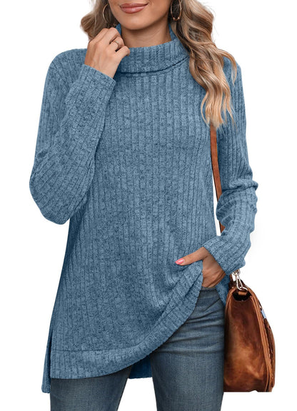Women's Oversized Cowl Neck Long Sleeve Side Slit Tunic Top