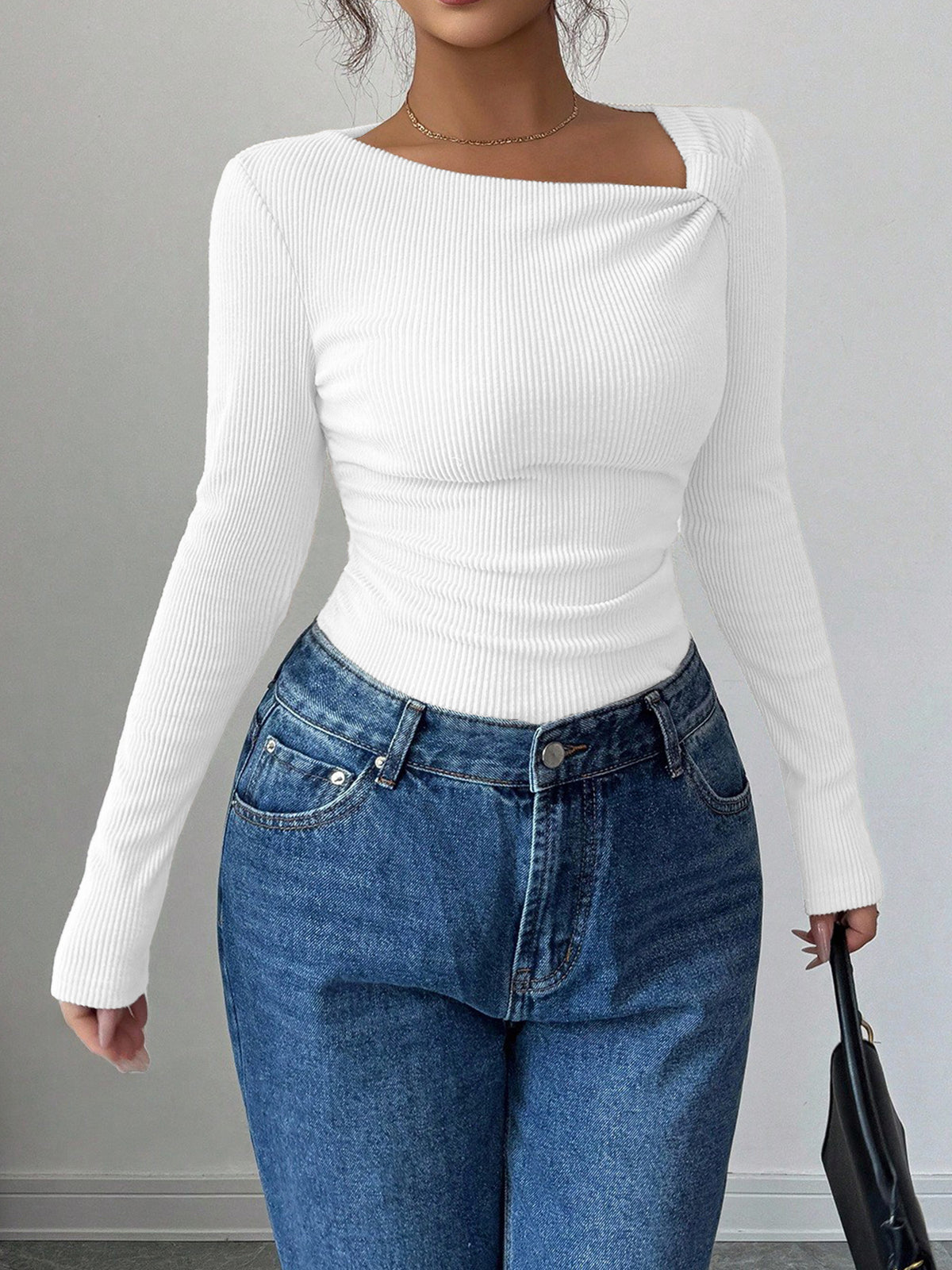 Women's Asymmetrical Neck Ruched Ribbed Long Sleeve Top