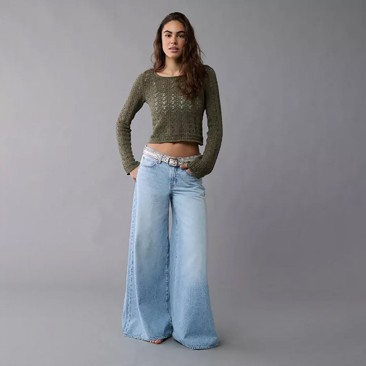 Women's Crochet Sheer Crop Top Long Sleeve Knit Sweater