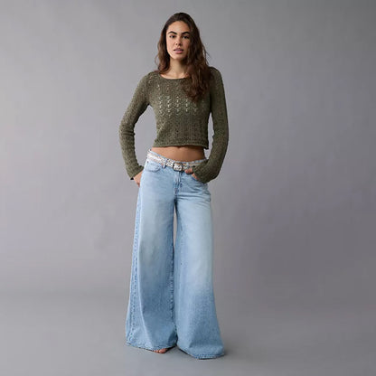 Women's Crochet Sheer Crop Top Long Sleeve Knit Sweater