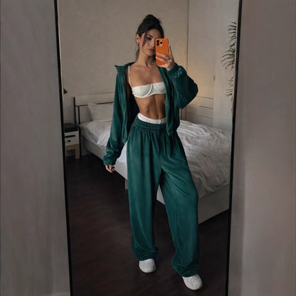 Womens Velvet Zip Up Hoodie Sweatpants 2 Piece Set