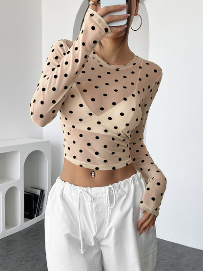 Polka Dot Sheer Mesh Long Sleeve Top for Women