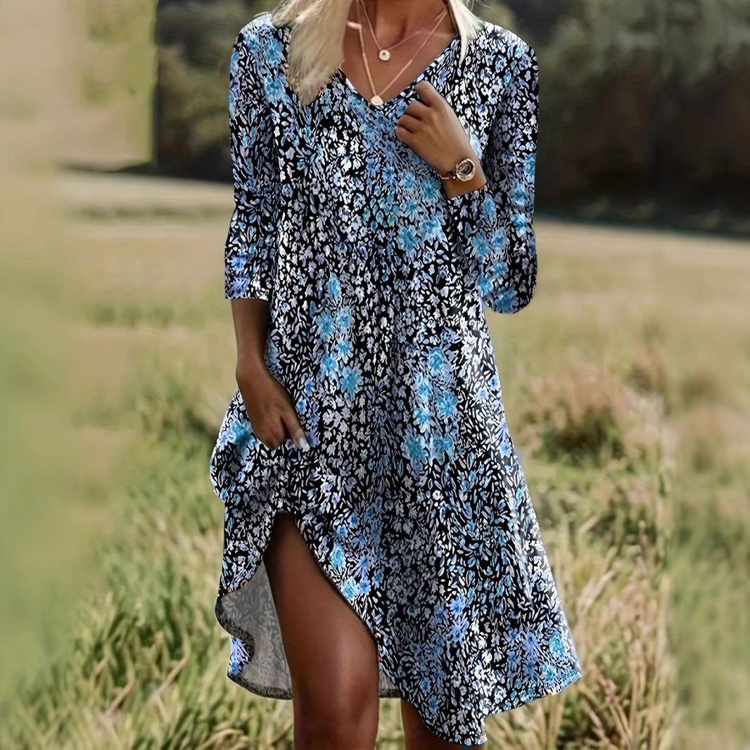 Women's Boho Floral V Neck Long Sleeve Midi Dress